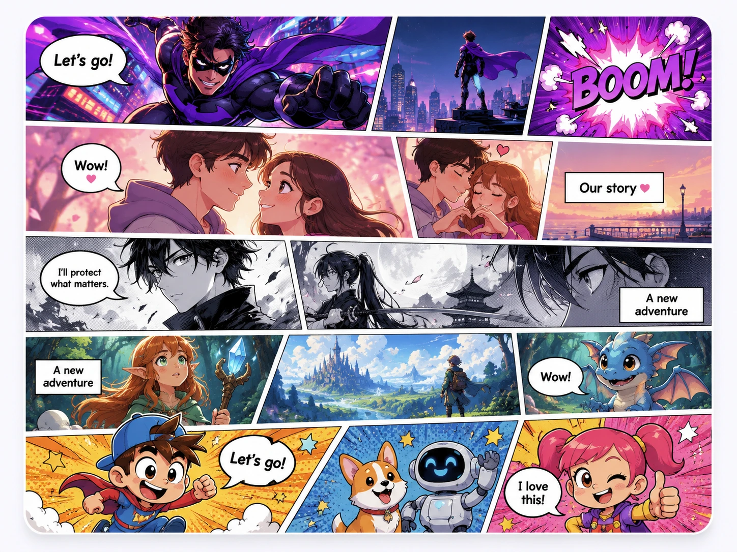 Creating a personalized comic book from a photo in the myComics.ai app, with a printed copy alongside